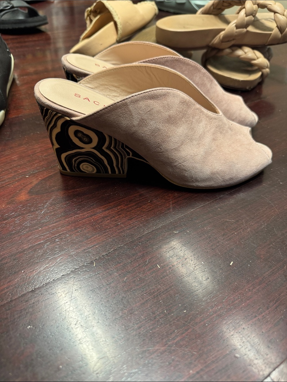 Sacha London Blush Suede Open-Toe Mules with Patterned Block Heel